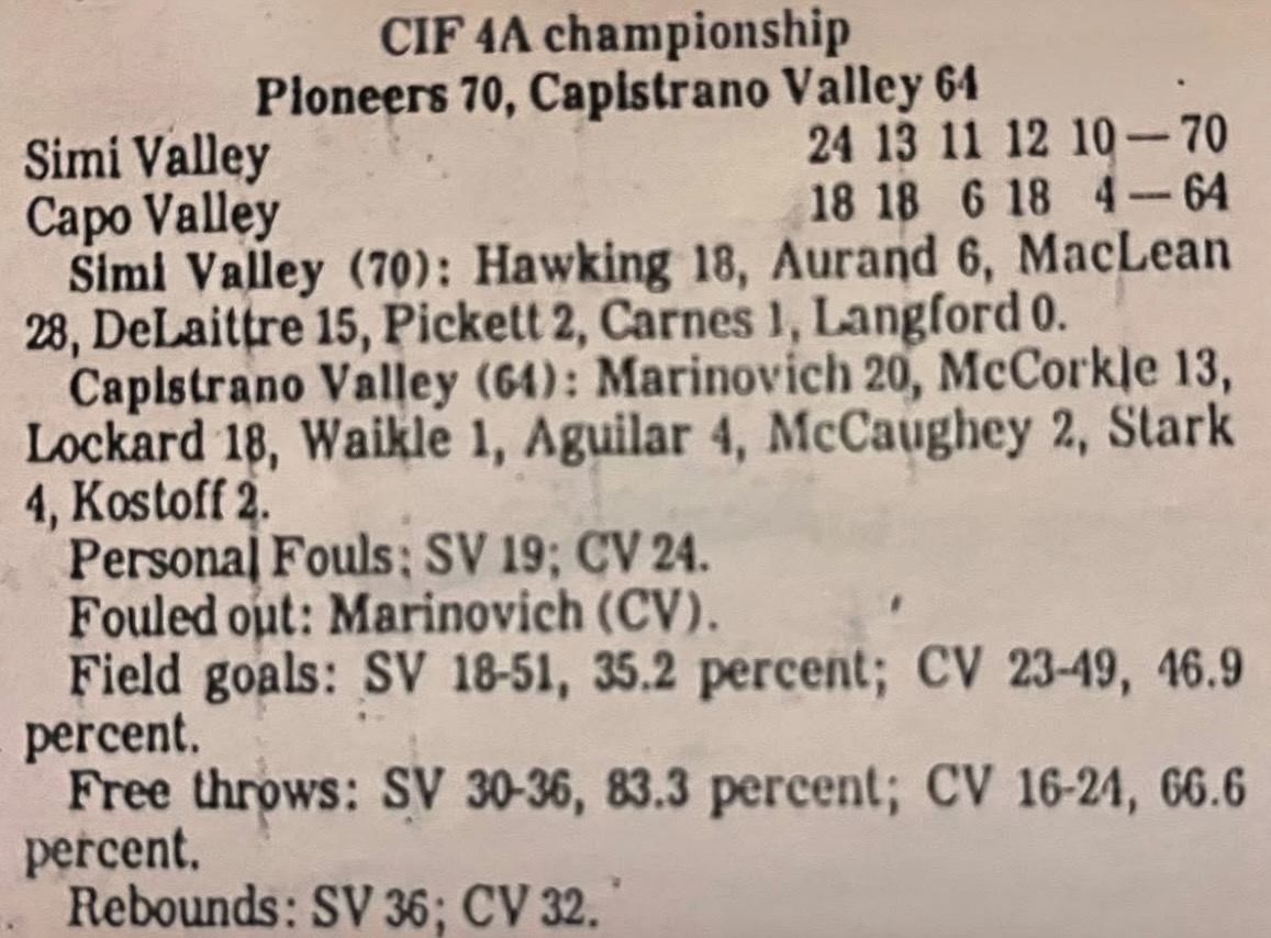 Official box score: CIF 4A Championship — Pioneers 70, Capistrano Valley 64