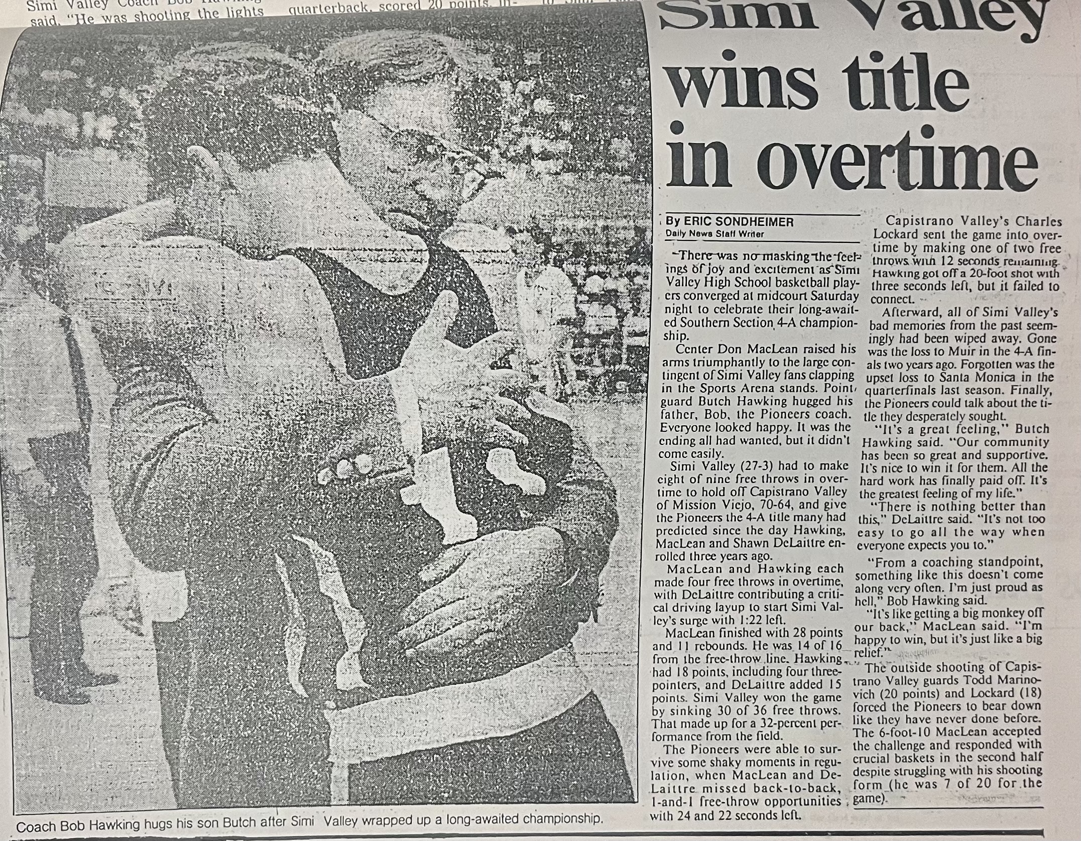 Newspaper: Simi Valley wins title — Coach Bob Hawking hugs son Butch after the championship